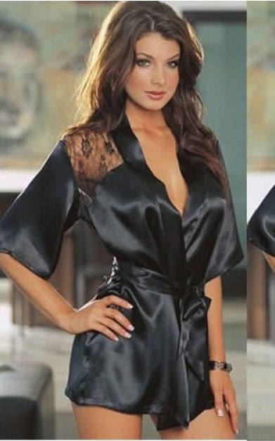 Sexy Black Satin Lace Lingerie Sleepwear Robes Night Gown Nightwear